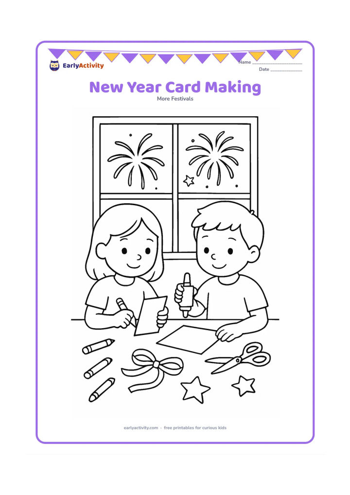 Colouring page: Two children sit at a table making a handmade celebration card, surrounded by crayons, scissors, glue, stars and ribbon. The card front is blank, and a window behind them shows daytime…
