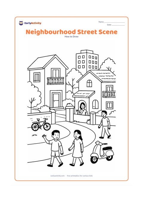 Worksheet: Draw a complete neighbourhood with three varied houses, a small apartment building in the distance, a curving road, trees, parked bicycles, a scooter and several people walking or…