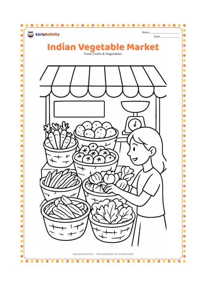 Colouring page: Illustrate a lively Indian vegetable market stall with baskets of carrots, potatoes, tomatoes, onions, brinjals, okra, and leafy greens. Show a shopper choosing vegetables, with an…