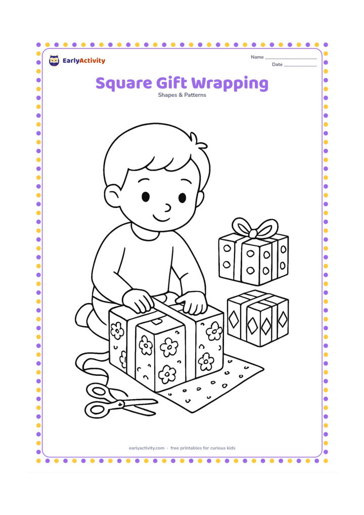 Colouring page: A child wraps a square box on the floor, with scissors, ribbon, patterned paper, and two finished square presents nearby. Show simple repeating patterns without letters or numbers.