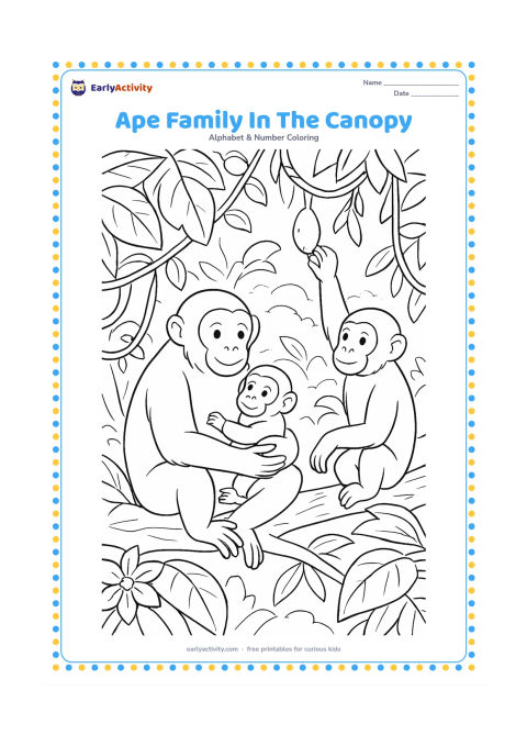 Colouring page: Draw a gentle ape family resting and playing among broad rainforest branches, with one adult holding a baby and another ape reaching for fruit. Add layered leaves, hanging vines,…