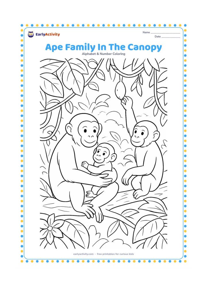 Colouring page: Draw a gentle ape family resting and playing among broad rainforest branches, with one adult holding a baby and another ape reaching for fruit. Add layered leaves, hanging vines,…