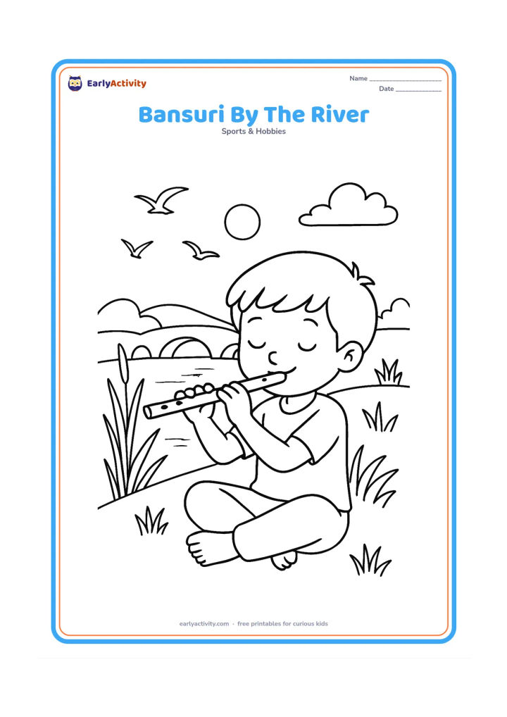 Colouring page: A child plays a bansuri flute while sitting near a calm river. Add reeds, a small bridge in the distance and a few birds in the morning sky.