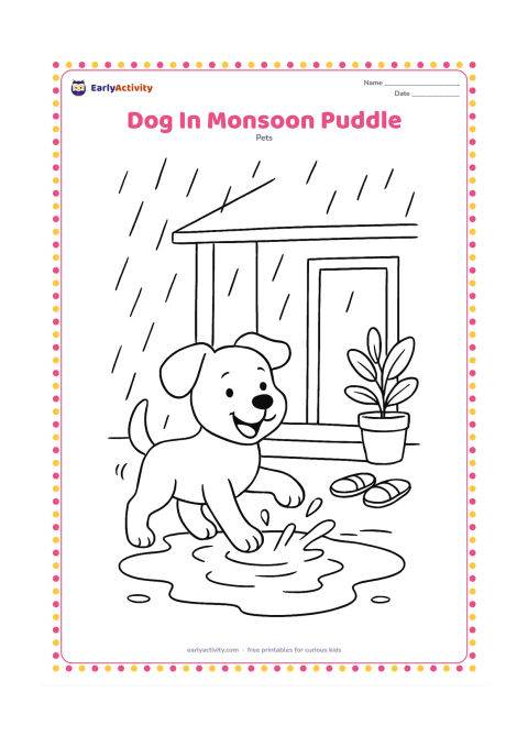 Colouring page: Draw a happy dog splashing one paw in a puddle during an Indian monsoon shower. Include a covered veranda, a potted plant, falling raindrops, and a pair of sandals near the doorway.