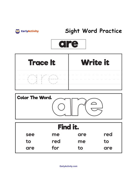 Worksheet for practising the sight word “are”, with tracing, writing, colouring, and word-finding activities.