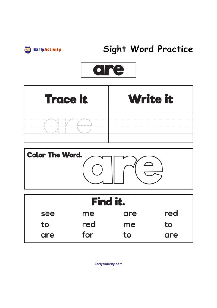 Worksheet for practising the sight word “are”, with tracing, writing, colouring, and word-finding activities.