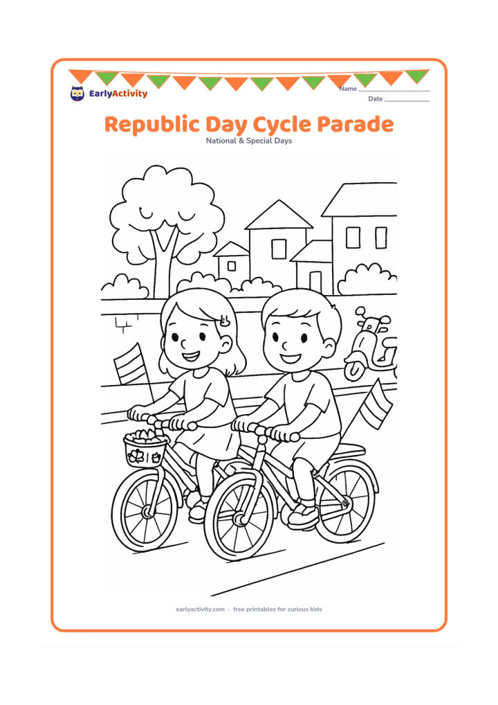 Colouring page: Two happy children ride decorated bicycles side by side along an Indian neighbourhood lane in bright daytime, with small tricolour pennants attached to the bicycles rather than held as…