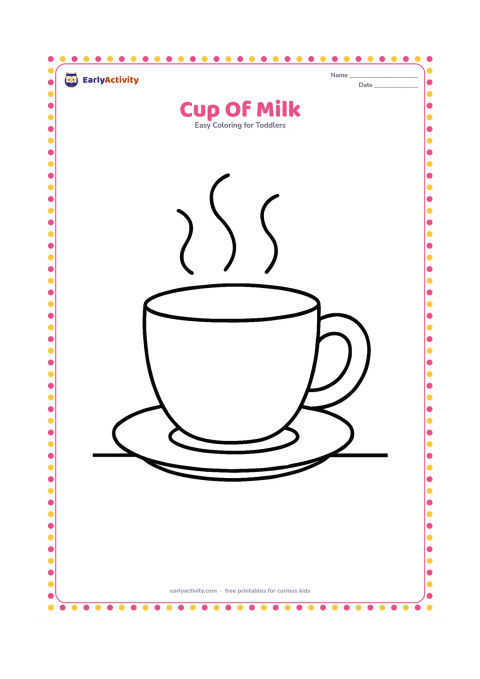 Colouring page: Draw one large handled cup on a small saucer, with a few soft steam curves above it and a simple table line below.