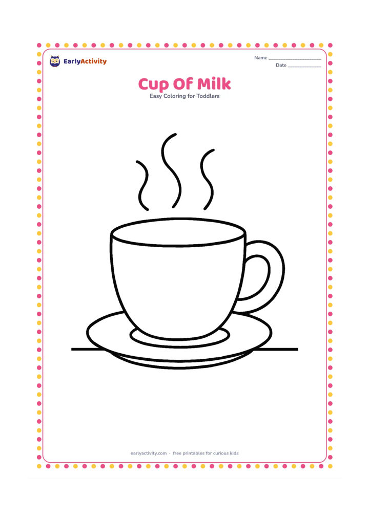 Colouring page: Draw one large handled cup on a small saucer, with a few soft steam curves above it and a simple table line below.