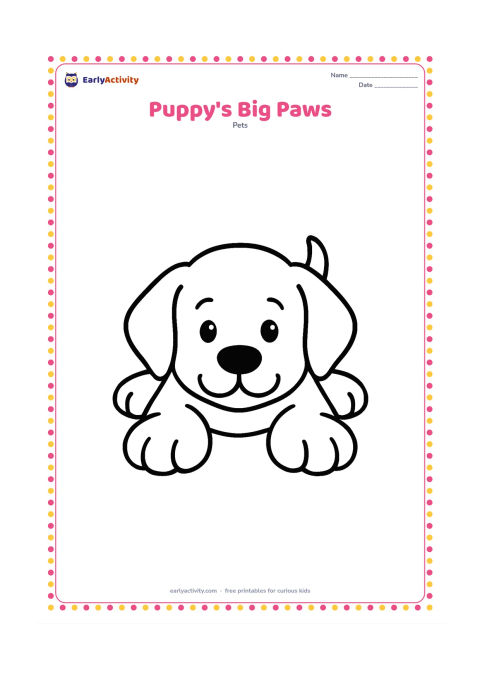 Colouring page: Draw a friendly puppy lying on its tummy with two oversized front paws stretched forward and its head between them. Use a plain background.