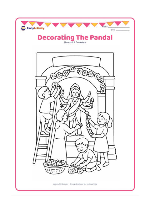 Colouring page: Three children and an adult decorate a pandal entrance with flower garlands while a Durga idol can be seen inside. Include a ladder, baskets of flowers, pillars, and an unlettered…