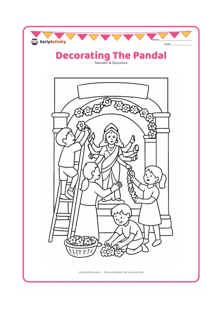 Colouring page: Three children and an adult decorate a pandal entrance with flower garlands while a Durga idol can be seen inside. Include a ladder, baskets of flowers, pillars, and an unlettered…