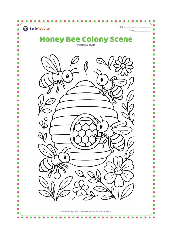 Colouring page: Several honey bees work around an open hive with layered honeycomb, including one bee carrying pollen and another tending a cell. Add flowers, leaves and a few bees in flight around the…