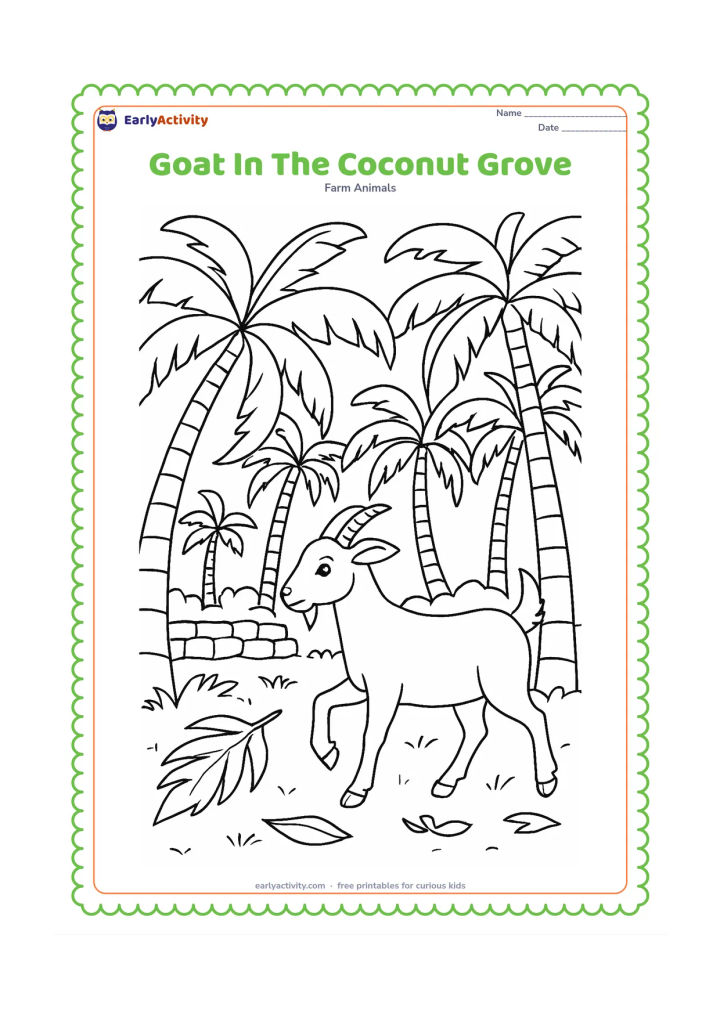 Colouring page: Draw a goat walking through an Indian coconut grove, with several curved palm trunks, large fronds, fallen leaves, and a low stone boundary wall. Show one raised hoof and the goat…
