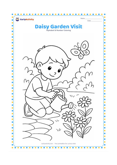 Colouring page: A child kneels in a garden and gently waters a group of daisies with a small watering can. Include a garden path, leafy bushes and a butterfly.