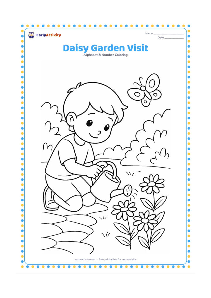 Colouring page: A child kneels in a garden and gently waters a group of daisies with a small watering can. Include a garden path, leafy bushes and a butterfly.