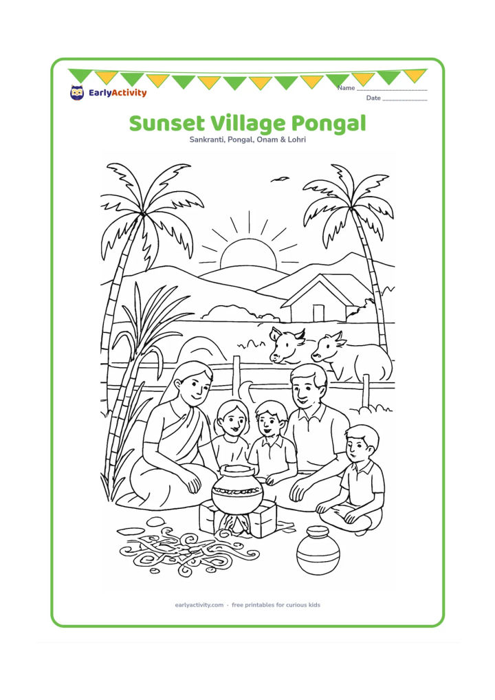 Colouring page: At sunset, a village family sits near a glowing outdoor stove with a steaming Pongal pot, while cattle rest beside a fence. Include a detailed kolam, sugarcane, palm silhouettes, a water…