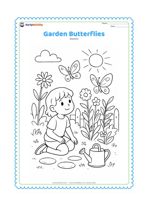 Colouring page: A child kneels in a summer garden observing two butterflies near tall flowers and leafy plants. Include a watering can, stepping stones, a low fence and a bright sky.