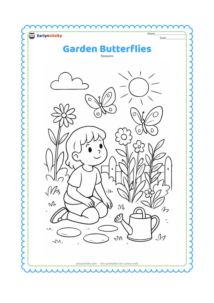 Colouring page: A child kneels in a summer garden observing two butterflies near tall flowers and leafy plants. Include a watering can, stepping stones, a low fence and a bright sky.