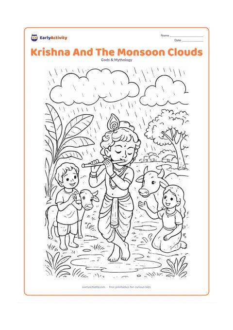 Colouring page: Draw Krishna playing his flute in a lush monsoon meadow while friends and cows gather around him. Include heavy rounded clouds, falling rain, banana leaves, puddles with reflections, and…