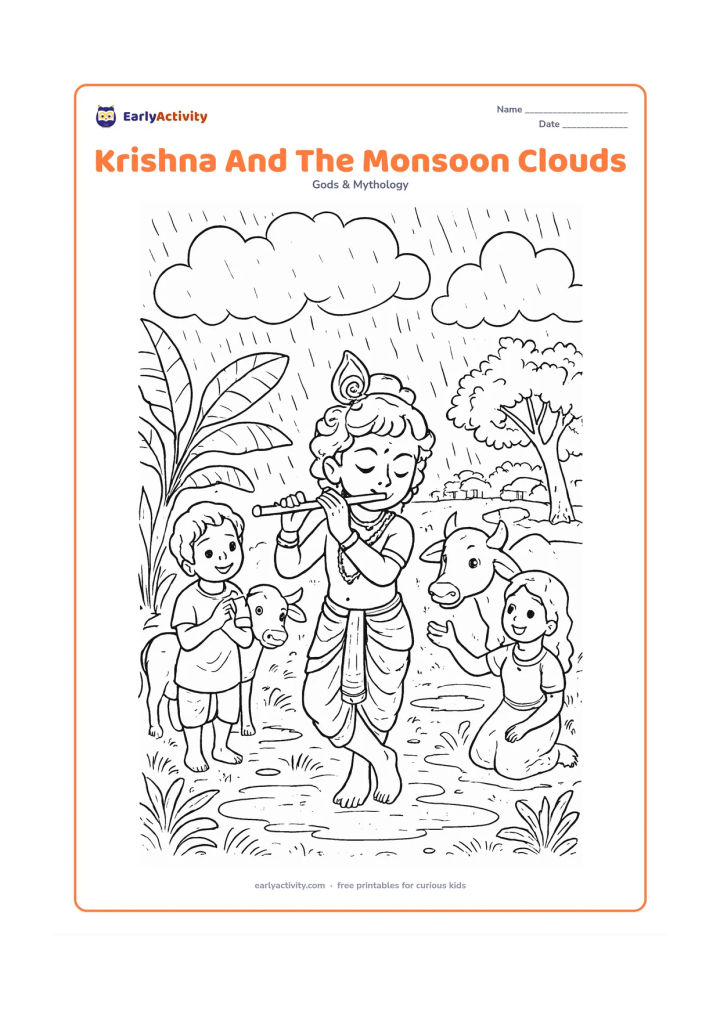 Colouring page: Draw Krishna playing his flute in a lush monsoon meadow while friends and cows gather around him. Include heavy rounded clouds, falling rain, banana leaves, puddles with reflections, and…
