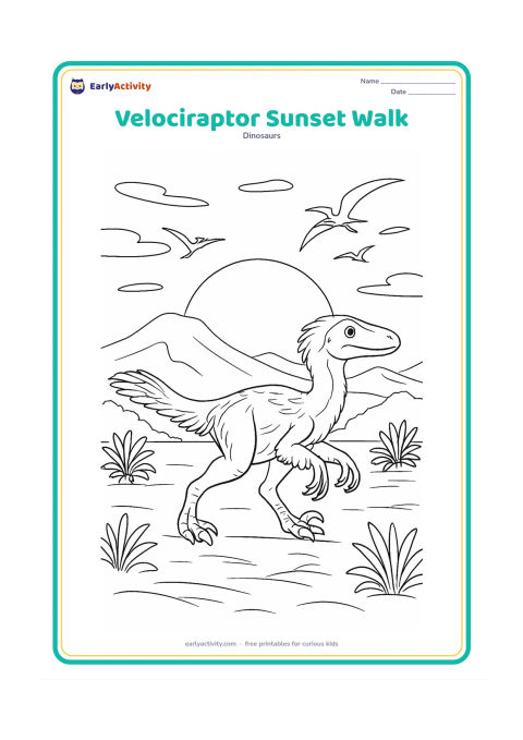 Colouring page: A feathered velociraptor walks across a prehistoric plain at sunset, with a large setting sun, long ground shadows, distant mountains, cycads, and a flock of small flying reptiles.