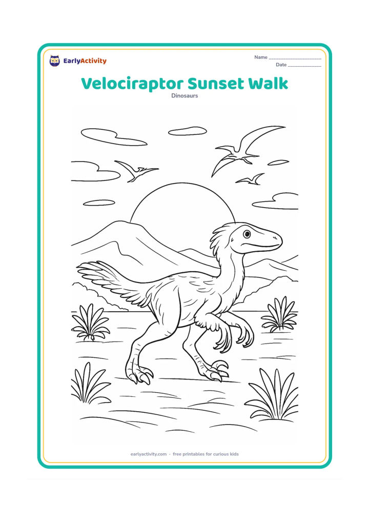 Colouring page: A feathered velociraptor walks across a prehistoric plain at sunset, with a large setting sun, long ground shadows, distant mountains, cycads, and a flock of small flying reptiles.