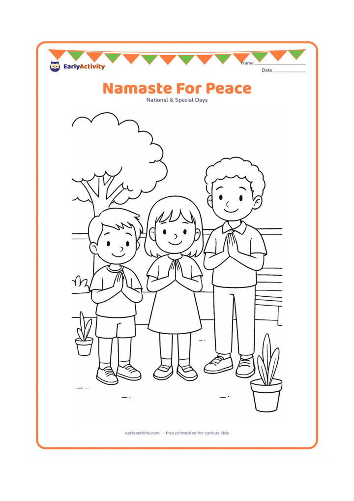 Colouring page: Show three children of different ages standing in a school courtyard with their hands together in a respectful greeting. Add a large leafy tree, a simple bench, potted plants and a blank…