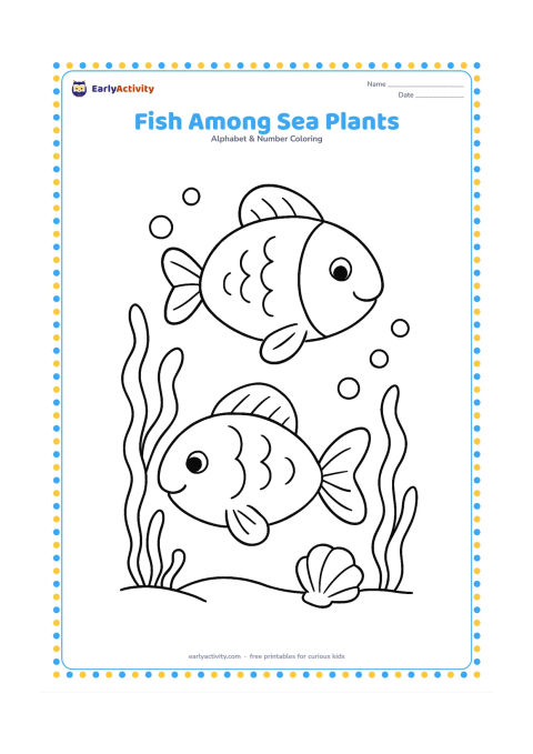 Colouring page: Draw two different friendly fish swimming in opposite directions among sea plants, bubbles and a small shell. Include one fish near the top and one near the bottom for a balanced…