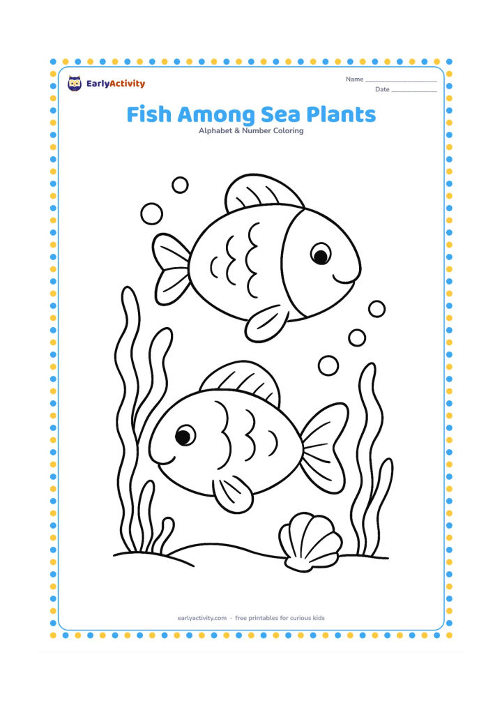 Colouring page: Draw two different friendly fish swimming in opposite directions among sea plants, bubbles and a small shell. Include one fish near the top and one near the bottom for a balanced…