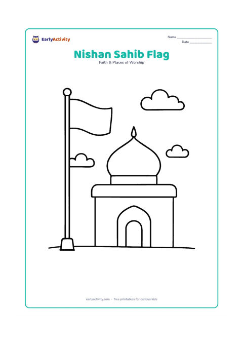 Colouring page: Draw the Nishan Sahib flying on a tall pole beside a simple gurudwara with a rounded dome and doorway. Add a few clouds and a broad ground line.