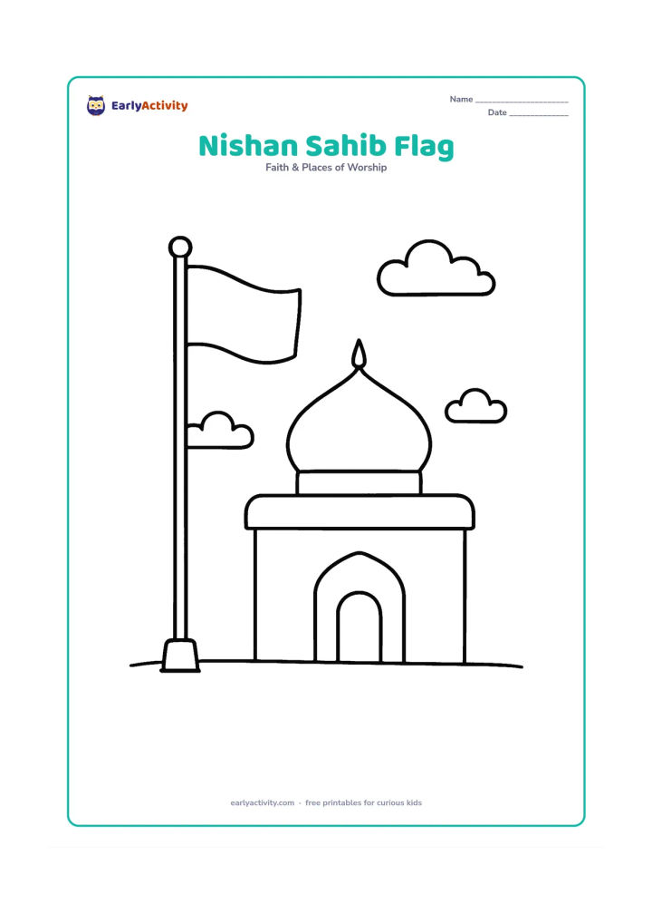 Colouring page: Draw the Nishan Sahib flying on a tall pole beside a simple gurudwara with a rounded dome and doorway. Add a few clouds and a broad ground line.