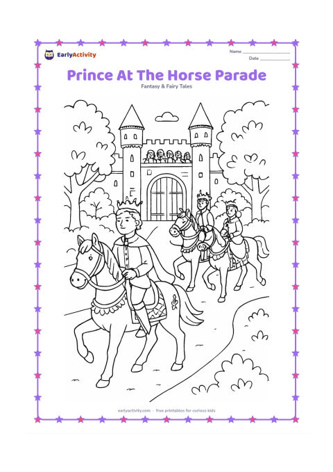 Colouring page: A prince rides at the front of a horse parade through a castle avenue, followed by two riders and decorated horses. Include leafy trees, palace gates, patterned saddle cloths, and…