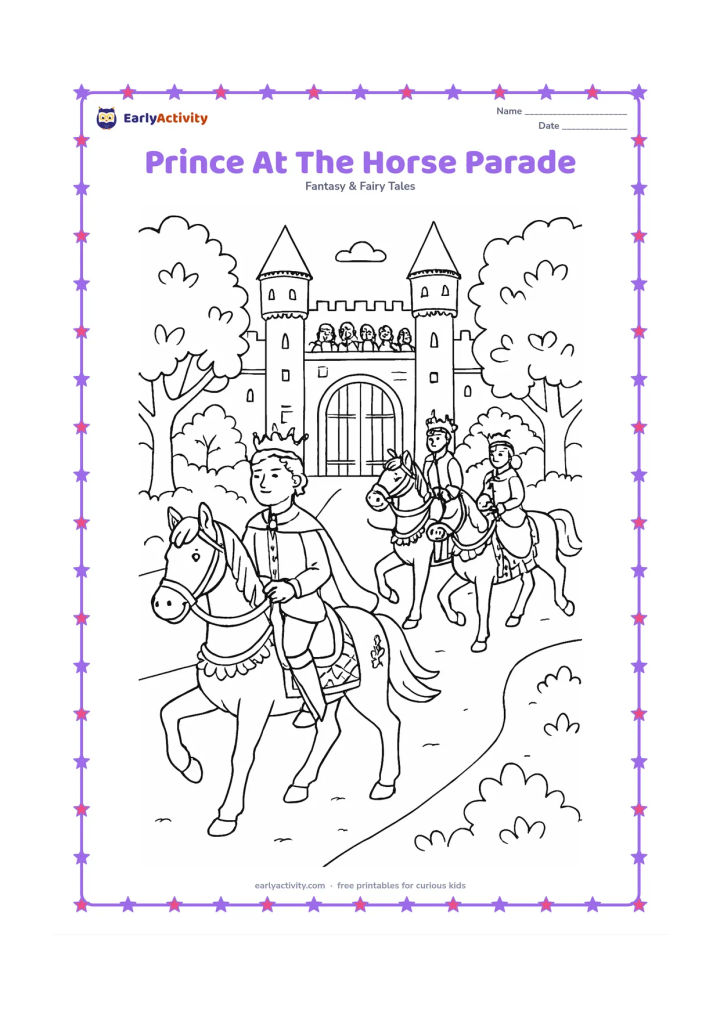 Colouring page: A prince rides at the front of a horse parade through a castle avenue, followed by two riders and decorated horses. Include leafy trees, palace gates, patterned saddle cloths, and…