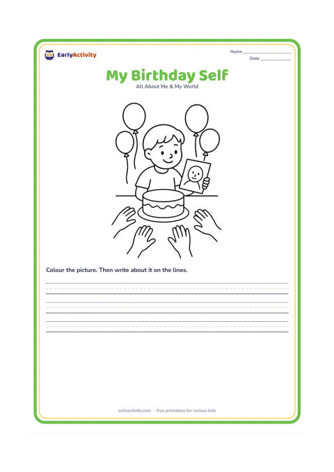 Worksheet: A child sits at a small table with a plain birthday cake and looks at a blank card showing a simple self-portrait outline. Include balloons and a few family hands reaching toward the…