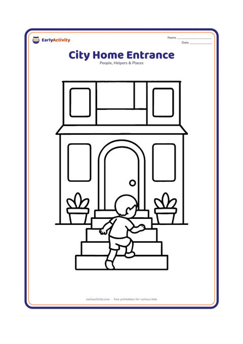 Colouring page: Draw the lower front of a tall city home with a large entrance door, two big windows, steps, potted plants and a child climbing the steps. Show only a few simple building levels above…