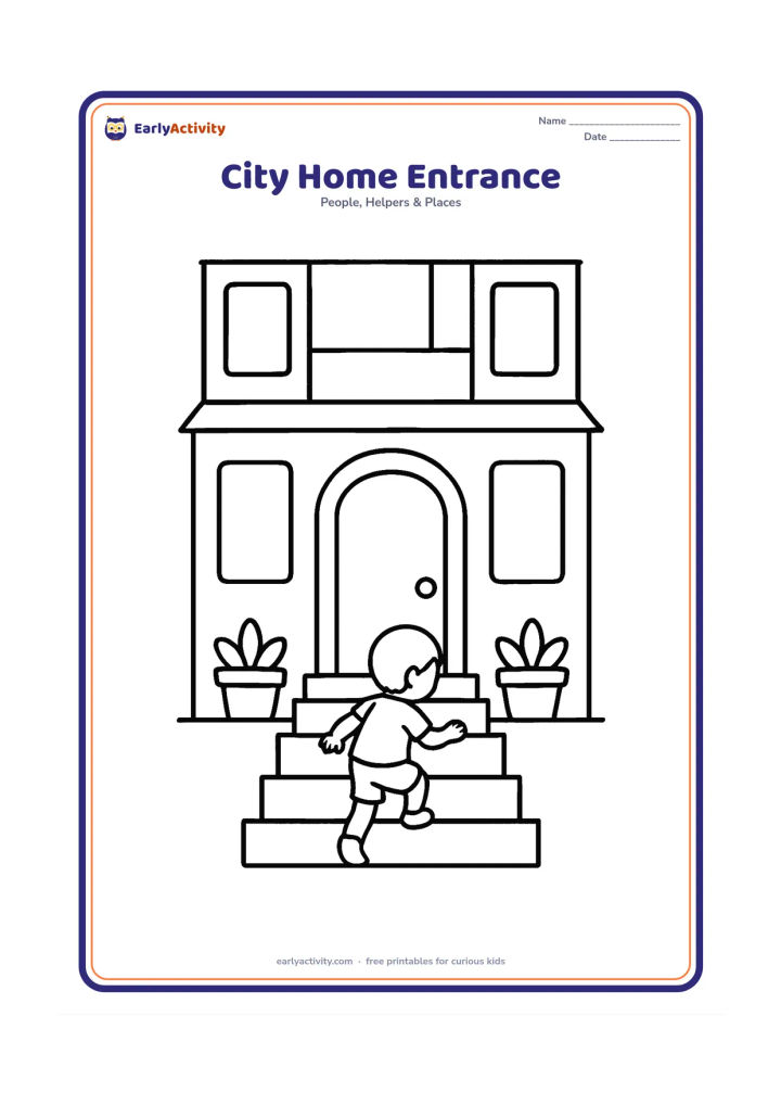 Colouring page: Draw the lower front of a tall city home with a large entrance door, two big windows, steps, potted plants and a child climbing the steps. Show only a few simple building levels above…