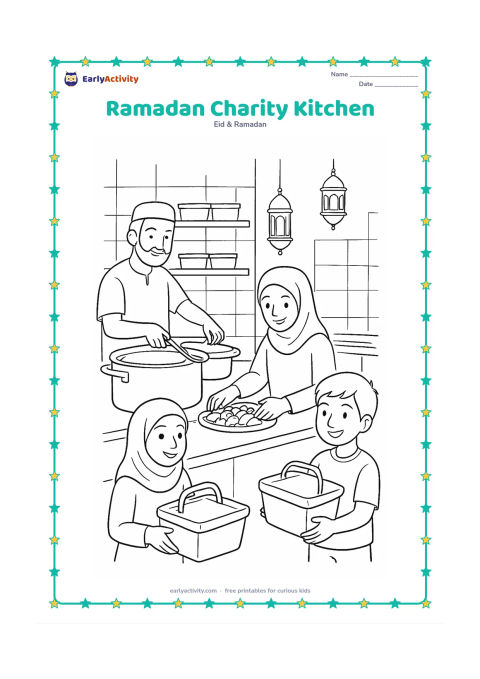 Colouring page: Draw volunteers in a community kitchen preparing iftar meals, with one person filling containers, another arranging dates, and children carrying sealed food baskets. Show large cooking…