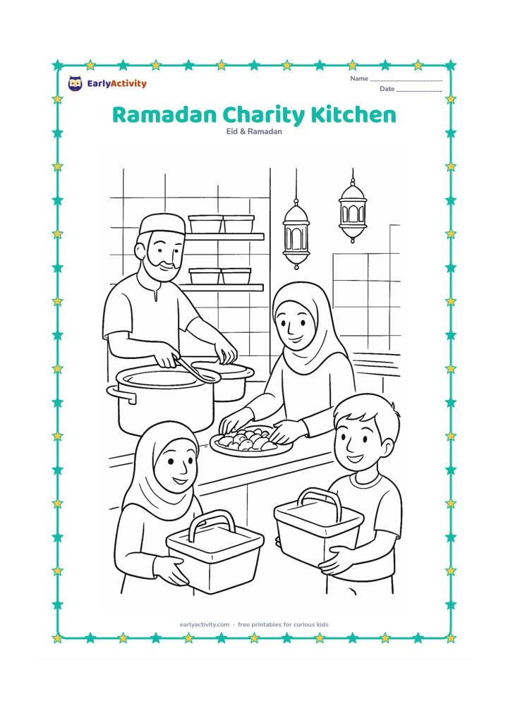 Colouring page: Draw volunteers in a community kitchen preparing iftar meals, with one person filling containers, another arranging dates, and children carrying sealed food baskets. Show large cooking…