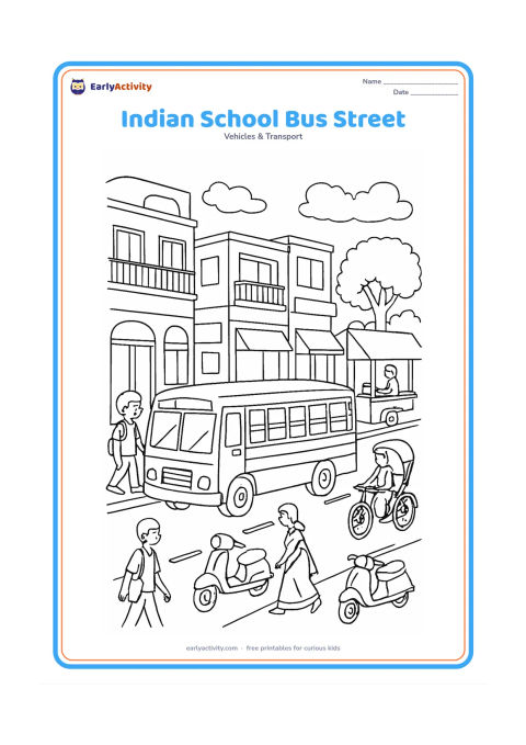 Colouring page: Draw a detailed Indian street scene with a school bus passing colourful-but-unfilled shopfront shapes, apartment balconies, a tea stall with a blank awning, a cycle rickshaw, scooters,…