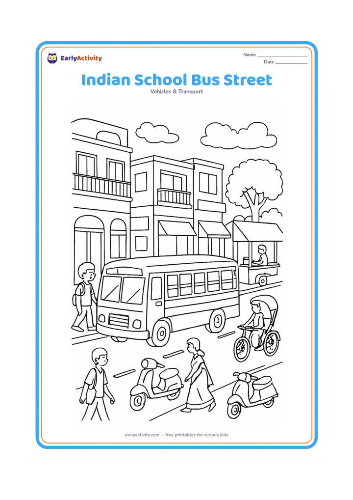 Colouring page: Draw a detailed Indian street scene with a school bus passing colourful-but-unfilled shopfront shapes, apartment balconies, a tea stall with a blank awning, a cycle rickshaw, scooters,…