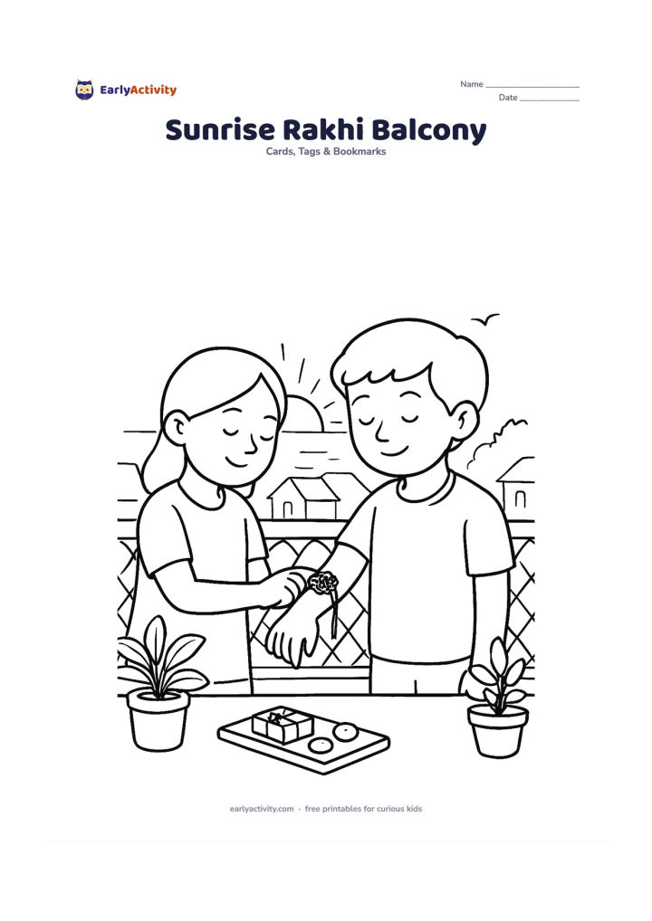 Worksheet: Show a child tying a rakhi on a sibling's wrist at sunrise on a balcony, with potted plants, a small tray of gifts, distant rooftops, birds, and a patterned railing. Leave the bright sky…
