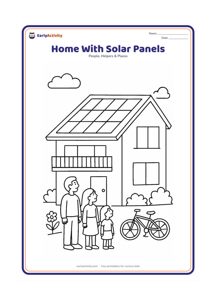 Colouring page: Draw a modern home with a sloping roof carrying several blank solar panels, windows, door, balcony, small garden and bicycle. Show a family standing near the entrance looking up at the roof.