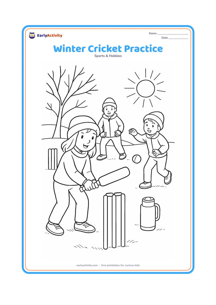 Colouring page: Children practise cricket on a cool morning field, with one batter, a bowler and a fielder wearing simple warm layers. Include bare branches, a low sun, a thermos and the two sets of…