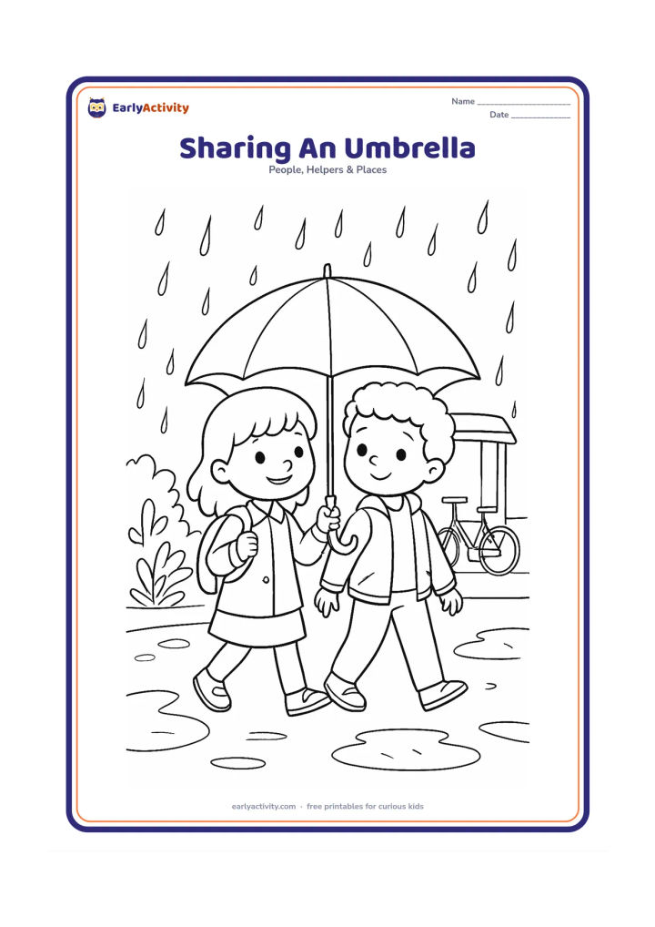 Colouring page: Two school friends walk together under one large umbrella along a rainy street, with one child carrying a small school bag. Include a covered bus stop, puddles, leafy plants, and a…