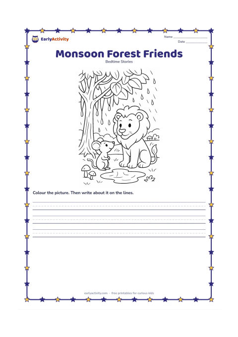 Printable: After a gentle monsoon shower, the lion and mouse stand beside a dripping banyan tree near a small puddle, looking at one another as friends. Include broad leaves, raindrops, mushrooms…
