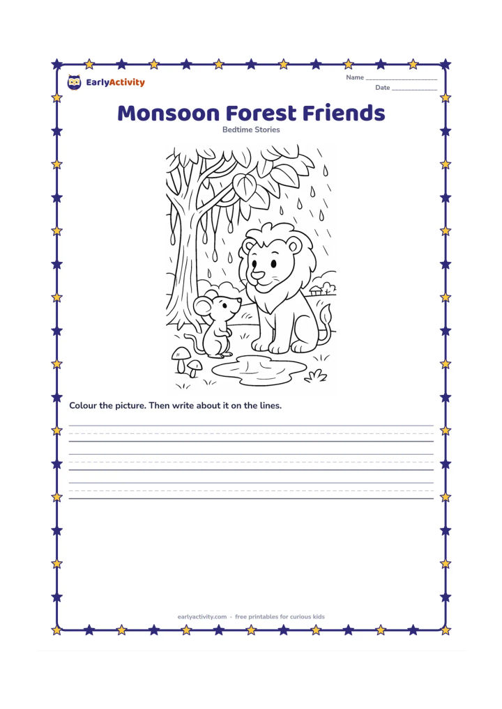 Printable: After a gentle monsoon shower, the lion and mouse stand beside a dripping banyan tree near a small puddle, looking at one another as friends. Include broad leaves, raindrops, mushrooms…