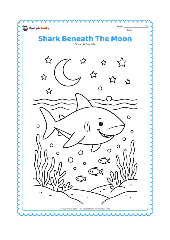 Colouring page: A shark swims through a detailed nighttime ocean beneath a crescent moon, with stars, a moonlit surface, bubbles, seaweed and small fish. Keep the shark's expression friendly and its…