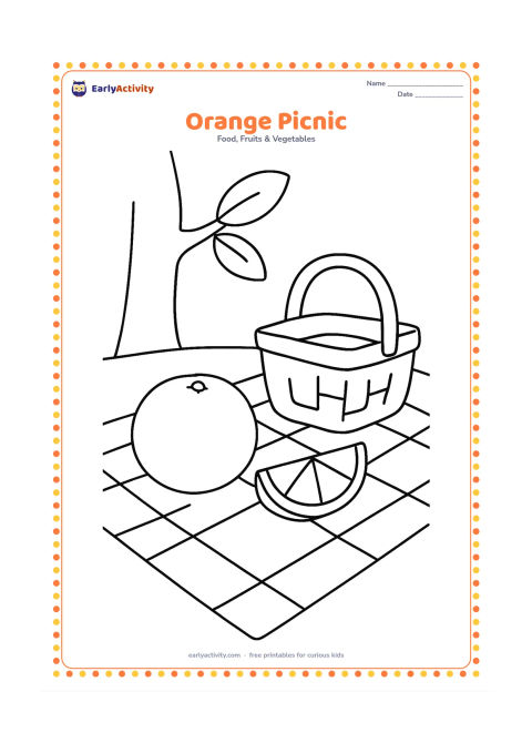 Colouring page: Draw a picnic cloth with one whole orange, one orange slice and a small basket. Add a simple tree trunk and two leaves in the background.