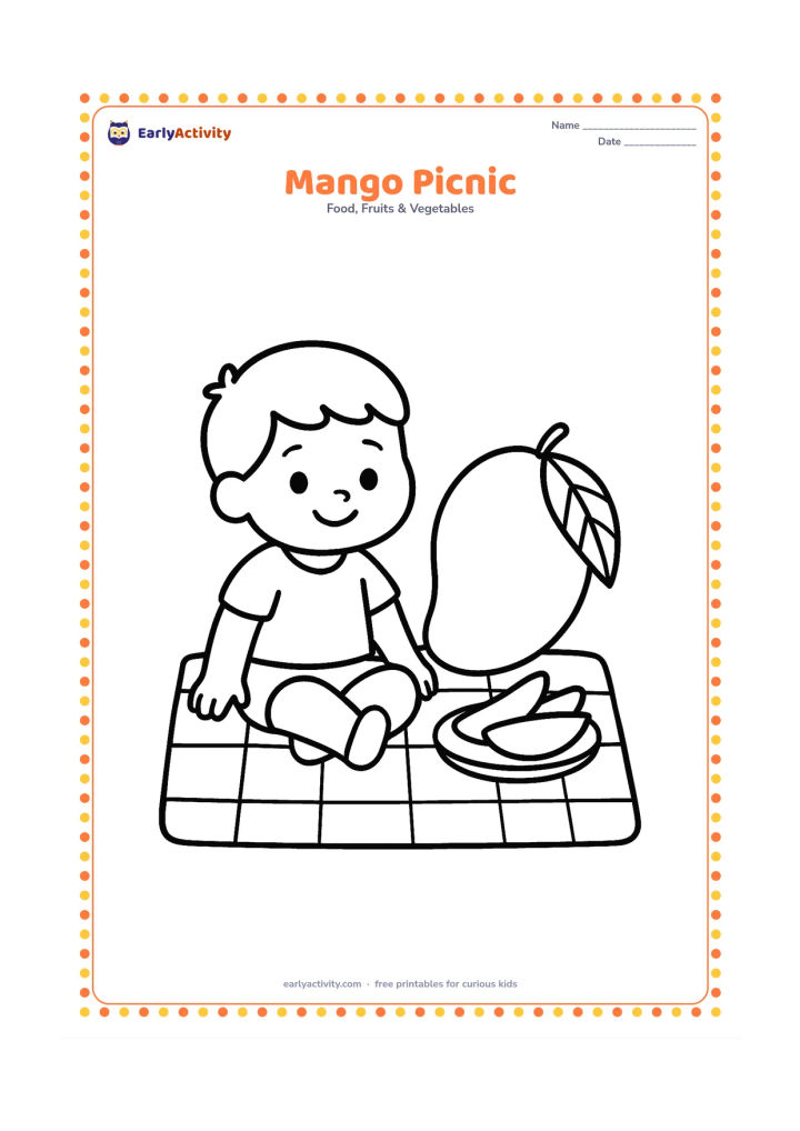 Colouring page: Draw a child sitting on a picnic mat beside a large mango, a mango leaf and a small plate of mango slices.